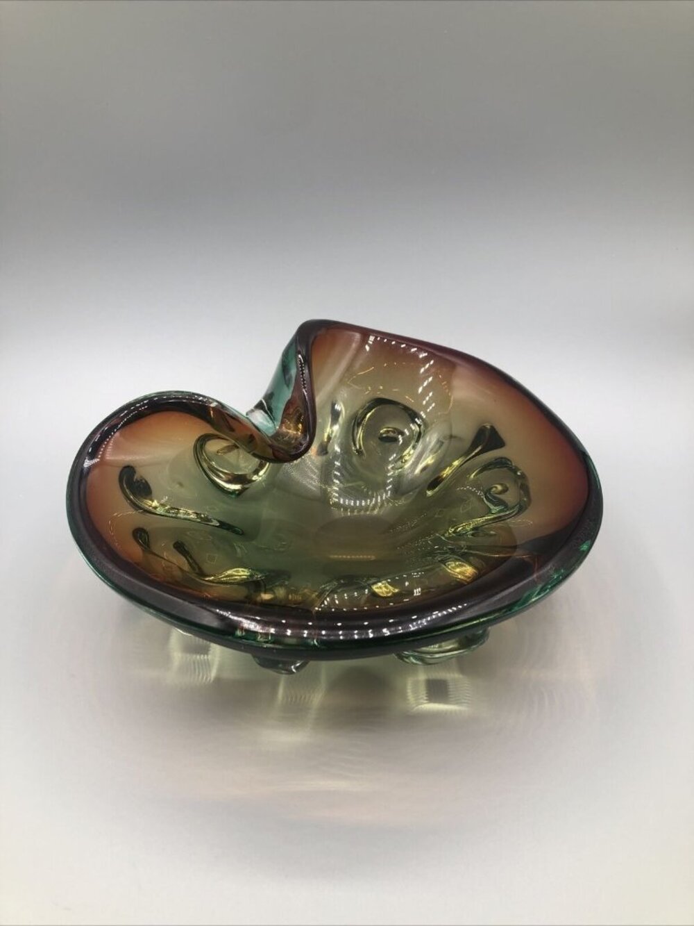 Vintage MCM Tricolor Green Brown Art Glass Bowl Ashtray Heavy Sommerso